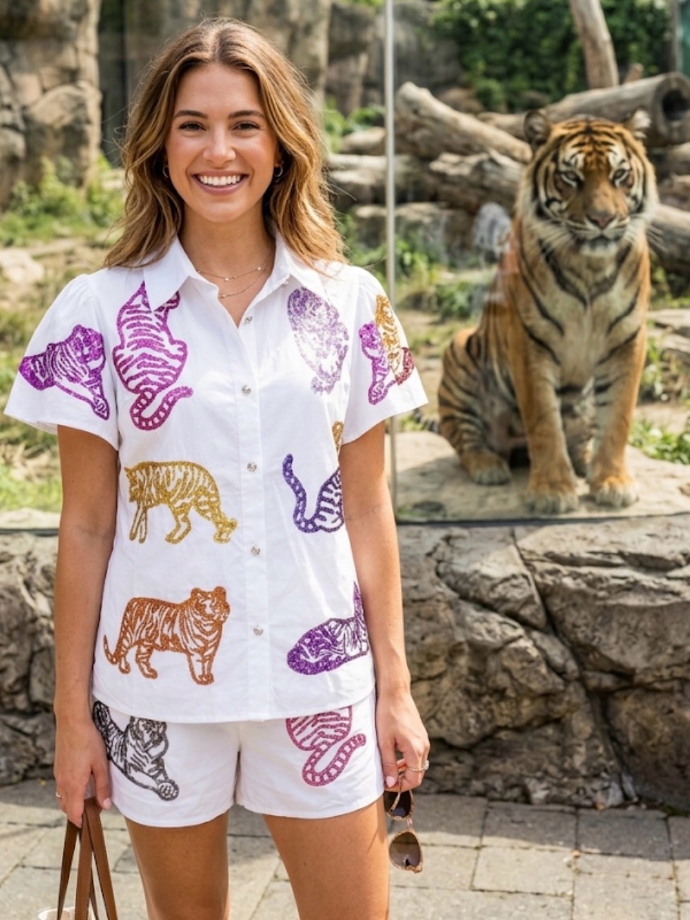 New! Set! Queen Of Sparkles White And Colorful Sequin Tiger Top & Shorts Set
